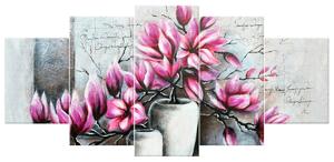 Obraz na plátně Růžové magnolie ve váze - 5 dílný Rozměry: 100 x 63 cm