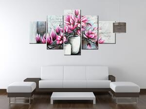 Obraz na plátně Růžové magnolie ve váze - 5 dílný Rozměry: 100 x 63 cm