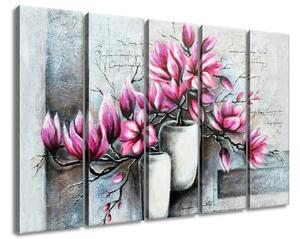 Obraz na plátně Růžové magnolie ve váze - 5 dílný Velikost: 100 x 63 cm