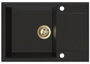 Sink Quality Sink55, kuchyňský granitový dřez 680x460x215 mm + zlatý sifon, černá se zlatými body, SKQ-SINK.L.1KDO.XG