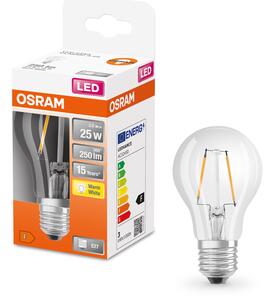 Průhledná LED žárovka E27 2,5 W CLASSIC A, teplá bílá