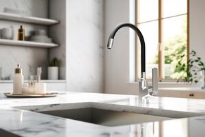 Invena Ligaria, vysoká dřezová baterie s elastickým ramenem, systém Eco Start, chromová-černá matná, INV-BZ-39-008-L