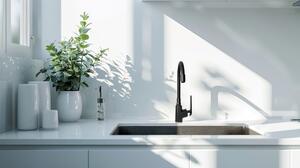 Invena Ligaria, vysoká dřezová baterie s elastickým ramenem, systém Eco Start, černá matná, INV-BZ-39-004-L
