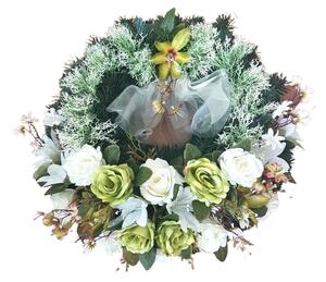 Smuteční věnec kruh s umělými růžemi, liliemi a doplňky Ø 60cm krémový, hnědý, zelený