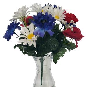 Umělá kytice kopretiny, vlčí mák, chrpa a doplňky 31cm krémová, modrá, červená