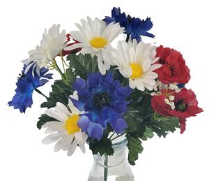 Umělá kytice kopretiny, vlčí mák, chrpa a doplňky 31cm krémová, modrá, červená
