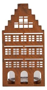 Hnědý kovový svícen na čajovou svíčku domeček – 12x12x24 cm