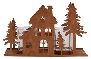 Hnědý kovový svícen na čajovou svíčku domeček – 20x8x12 cm