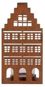 Hnědý kovový svícen na čajovou svíčku domeček – 8x8x15 cm