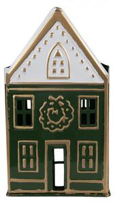 Zelený kovový svícen na čajovou svíčku domeček – 14x12x25 cm