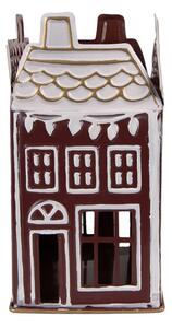 Červený kovový svícen na čajovou svíčku domeček – 12x12x22 cm