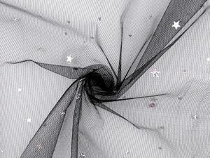 Oděvní / dekorační tyl s hvězdičkami s hologramem barva 7 černá stříbrná, 1 m