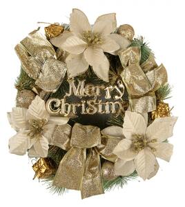 Zlatý vánoční věnec s květinami a nápisem Merry Christmas – 30 cm