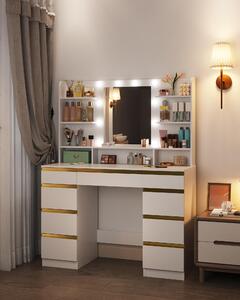 Noční stolek s zrcadlem, bílý - 10 LED světel - Dřevotříska - Moderní nábytek do ložnice