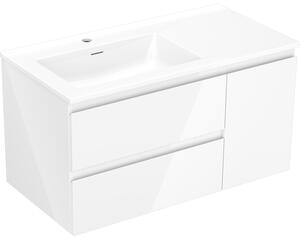 Mexen Orio, koupelnová skříňka 90 cm s umyvadlem Otis vlevo, 2S, 1D, bílá lesklá, 91A13-09047-3-BBFFF00-W18L00
