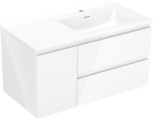 Mexen Orio, koupelnová skříňka 90 cm s pravým umyvadlem Otis, 2S, 1D, bílá lesklá, 91A13-09047-3-BBFFF00-W18P00