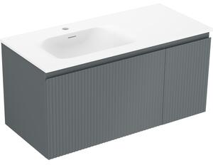 Mexen Rivel, koupelnová skříňka 100 cm s umyvadlem Vela vlevo, 1S, 1D, drážkovaná, grafitová matná/bílá matná, 91A23-10047-3-BBFF66-W23L01