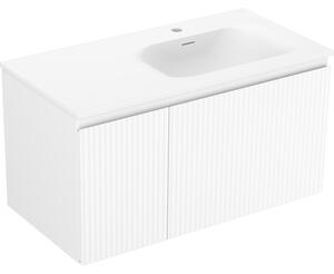 Mexen Rivel, koupelnová skříňka 90 cm s pravým umyvadlem Vela, 1S, 1D, s drážkami, bílá matná, 91A23-09047-3-BBFF01-W23P01