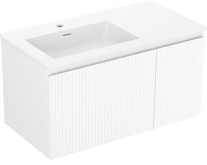 Mexen Rivel, koupelnová skříňka 90 cm s umyvadlem Otis vlevo, 1S, 1D, drážkovaná, bílá matná, 91A23-09047-3-BBFF01-W18L01