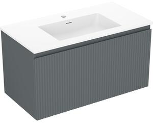Mexen Rivel, koupelnová skříňka 90 cm s umyvadlem Otis, 1 zásuvka, drážkovaná, grafitová matná/bílá matná, 91A20-09047-1-BF66-W18M01