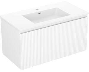 Mexen Rivel, koupelnová skříňka 90 cm s umyvadlem Otis, 1 zásuvka, drážkovaná, bílá matná, 91A20-09047-1-BF01-W18M01