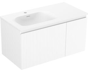 Mexen Rivel, koupelnová skříňka 90 cm s umyvadlem Vela levá, 1S, 1D, drážkovaná, bílá matná, 91A23-09047-3-BBFF01-W23L01
