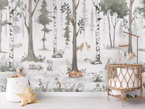 FUGU Dětská tapeta Světlý les se zvířátky – White Woodland Materiál: Digitální eko vlies - klasická tapeta nesamolepicí