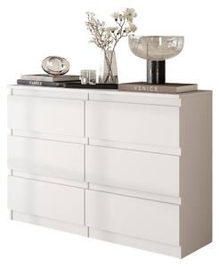 Komoda v matné bílé barv se 6 zásuvkami – moderní píborník do lonice a obývacího pokoje – minimalistická komoda – GABRIEL