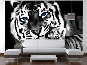 Fototapeta Černobílý tygr a tygřík Materiál: Vliesová, Rozměry: 200 x 135 cm