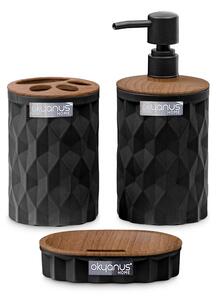 Sada koupelnových doplňků Diamond, černá/prvky s povrchovou úpravou v dekoru dřeva