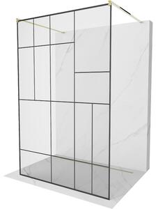Mexen Kioto, průchozí sprchová zástěna 100 x 200 cm, 8mm sklo čiré/černý vzor, 2x zlatá stabilizační rozpěra, 800-100-002-50-78