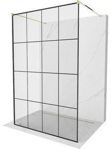 Mexen Kioto, průchozí sprchová zástěna 130 x 200 cm, 8mm sklo čiré/černý vzor, 2x zlatá stabilizační rozpěra, 800-130-002-50-77