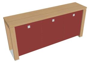 Nízká skříň Verno+ 200 x 46 x 90 cm, skleněné dveře, dub světlý / červená