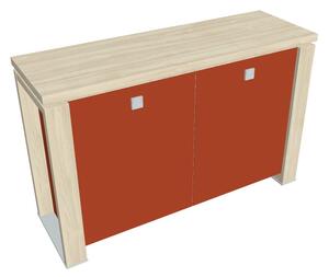 Nízká skříň Verno+ S 140 x 46 x 90 cm, skleněné dveře, akát / oranžová