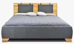 Látková postel v tmavé barvě s dřevěným čelem