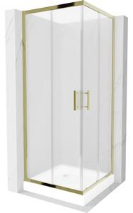 Mexen Rio, čtvercový sprchový kout s posuvnými dveřmi 70 (dveře) x 70 (dveře) x 190 cm, 5mm sklo námraza, zlatý profil + bílá sprchová vanička RIO, 8…
