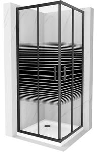 Mexen Rio, čtvercový sprchový kout s posuvnými dveřmi 70 (dveře) x 70 (dveře) x 190 cm, 5mm čiré sklo s pásky, černý profil + bílá sprchová vanička SLIM, 860-070-070-70-20-4010B