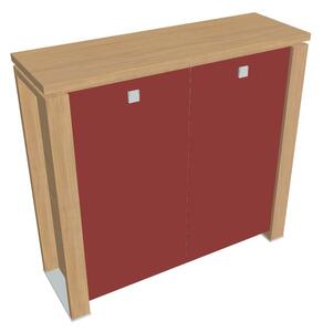 Střední skříň Verno+ 140 x 46 x 130 cm, skleněné dveře, dub světlý / červená