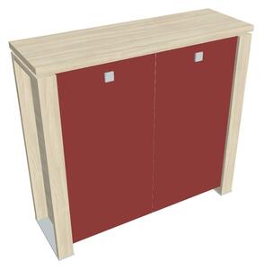 Střední skříň Verno+ 140 x 46 x 130 cm, skleněné dveře, akát / červená