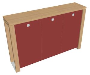 Střední skříň Verno+ 200 x 46 x 130 cm, skleněné dveře, dub světlý / červená