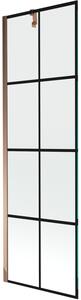 Mexen Next, vanová zástěna 1-křídlová 60 x 150 cm, fixní křídlo, 6 mm čiré sklo s černým vzorem, růžové zlato profil, 895-060-000-00-77-60