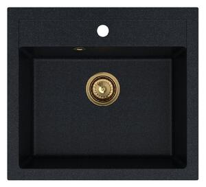 Sink Quality Ferrum, kuchyňský granitový dřez 565x510x205 mm + zlatý sifon, černá skvrnitá-Brocade, SKQ-FER.B.1K60.XG