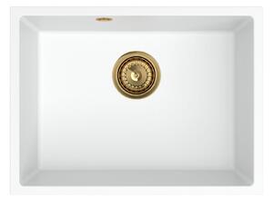 Sink Quality Crypton 60, kuchyňský granitový dřez 535x400x205 mm + zlatý sifon, bílá, SKQ-CRY.W.1KBO.60.XG