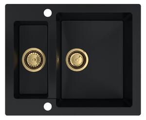 Sink Quality Ferrum, kuchyňský granitový dřez 605x495x210 mm + zlatý sifon, černá, SKQ-FER.C.5KBO.XG