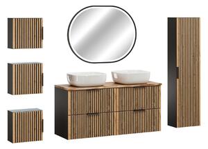 Comad Koupelnová sestava Casad Nature Smile s deskou, skříňkami, umyvadly a LED zrcadlem 120 cm černá/dub wotan
