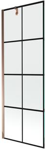 Mexen Next, vanová zástěna 1-křídlová 70 x 150 cm, fixní křídlo, 6 mm čiré sklo s černým vzorem, růžové zlato profil, 895-070-000-00-77-60