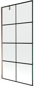 Mexen Next, vanová zástěna 1-křídlová 90 x 150 cm, fixní křídlo, 6 mm čiré sklo s černým vzorem, růžové zlato profil, 895-090-000-00-77-60