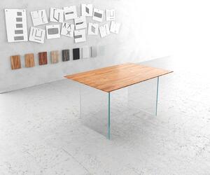DELIFE Jídelní stůl Edge 140x90 cm akácie přírodní podnož sklo švýcarská hrana