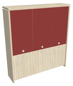 Vysoká skříň Verno 188 x 46 x 210 cm, kombinované dveře, akát / červená