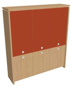 Vysoká skříň Verno 188 x 46 x 210 cm, kombinované dveře, dub světlý / oranžová